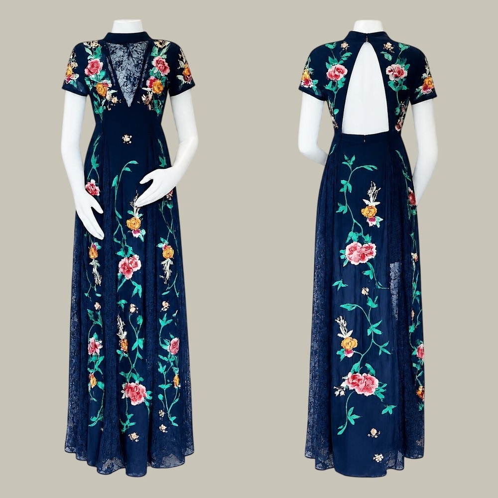 Frock & Frill Embroidered Lace Maxi Dress Sz 4‎ Navy Blue Boho Wedding Open Back